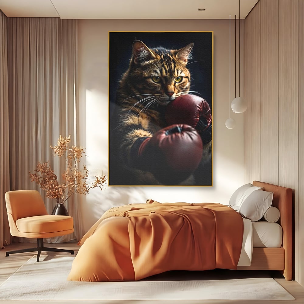 Tablou canvas cu tablou canvas cu motan boxer, in rama de aluminiu auriu, pe perete intr-un dormitor